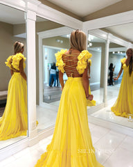 Chic A-line Straps Yellow Long Prom Dress Chiffon Elegant Party Dress #LOP801|Selinadress