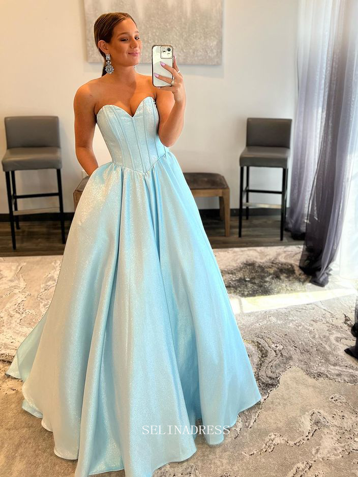 Chic A-line Sweetheart Baby Blue Long Prom Dresses Simple Evening Dress Formal Dresses TKL077|Selinadress