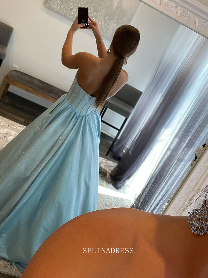 Chic A-line Sweetheart Baby Blue Long Prom Dresses Simple Evening Dress Formal Dresses TKL077|Selinadress