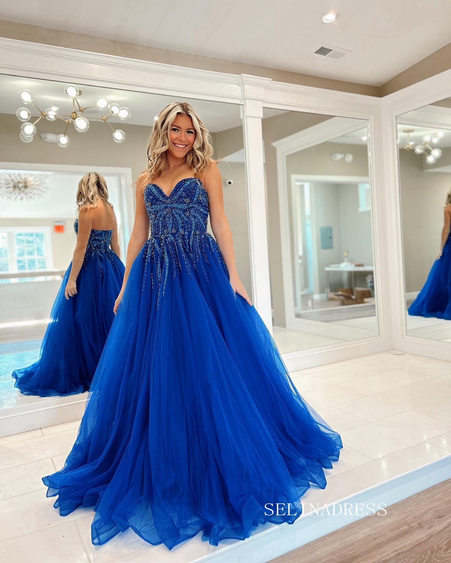 Chic A line Sweetheart Beaded Long Prom Dress Royal Blue Tulle Elegant SELINADRESS