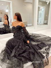 Chic A-line Sweetheart Black Long Prom Dress Long Sleeve Elegant Evening Party Dress #JKSS614|Selinadress