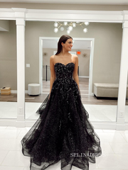 Chic A-line Sweetheart Black Long Prom Dress Long Sleeve Elegant Evening Party Dress #JKSS614|Selinadress