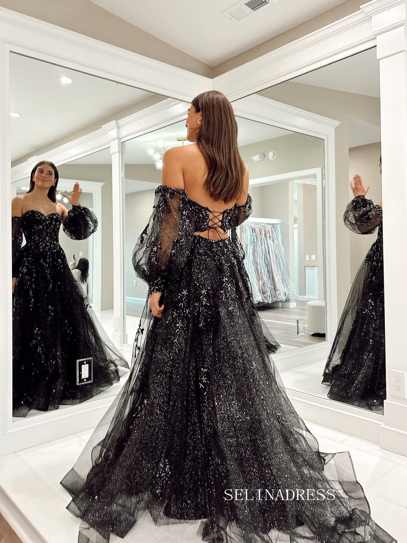 Chic A-line Sweetheart Black Long Prom Dress Long Sleeve Elegant Evening Party Dress #JKSS614|Selinadress