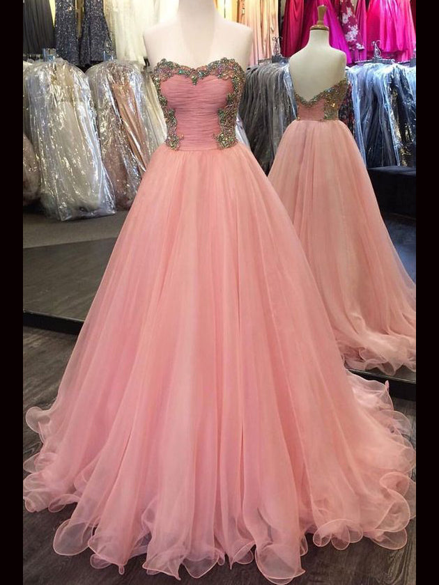 Chic A-line Sweetheart Pink Long Prom Dresses Beaded Evening Dress CBD030