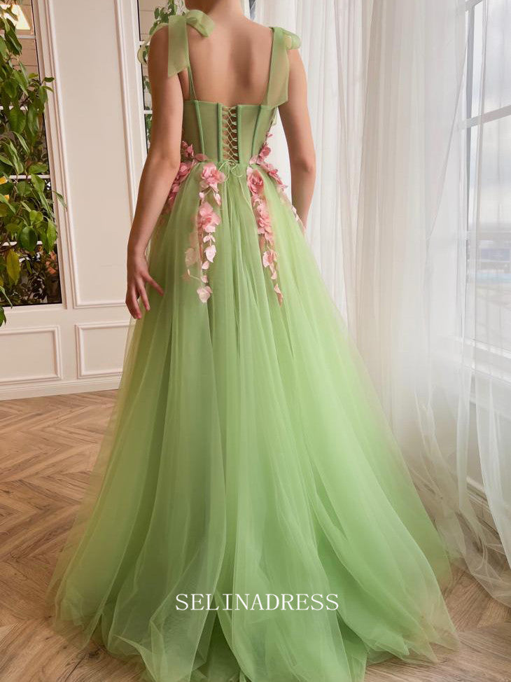 Chic A-line Sweetheart Sage Long Prom Dress Charming Verdant Floral Waltz Gown #LOP201|Selinadress