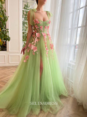 Chic A-line Sweetheart Sage Long Prom Dress Charming Verdant Floral Waltz Gown #LOP201|Selinadress