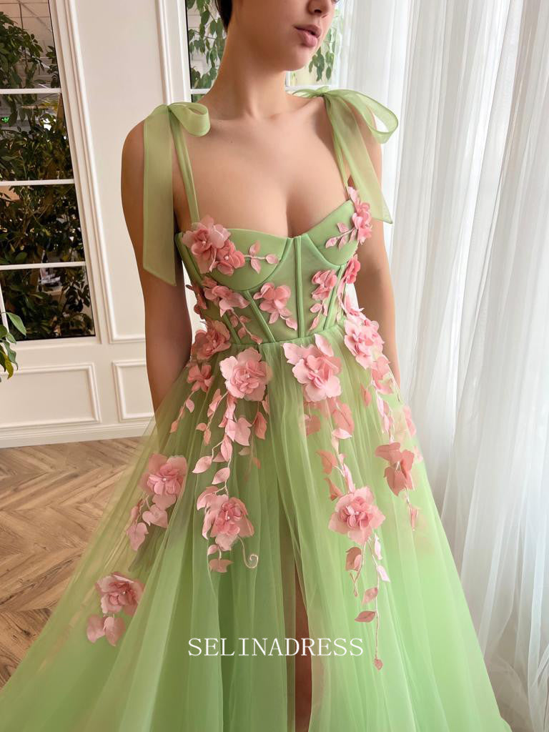 Chic A-line Sweetheart Sage Long Prom Dress Charming Verdant Floral Waltz Gown #LOP201|Selinadress