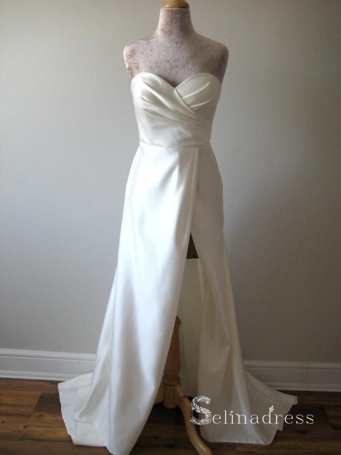 Chic A-line Sweetheart White Wedding Dresses Satin Bridal Gowns CBD413