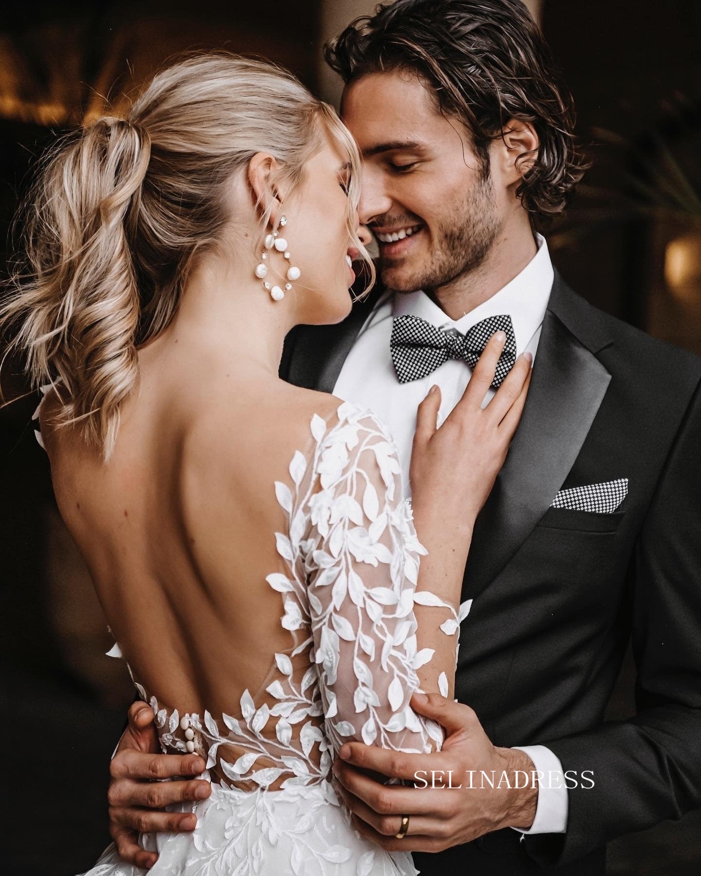 A-line Deep V neck 3D Lace Applique Wedding Dress Long Sleeve Rustic W –  SELINADRESS