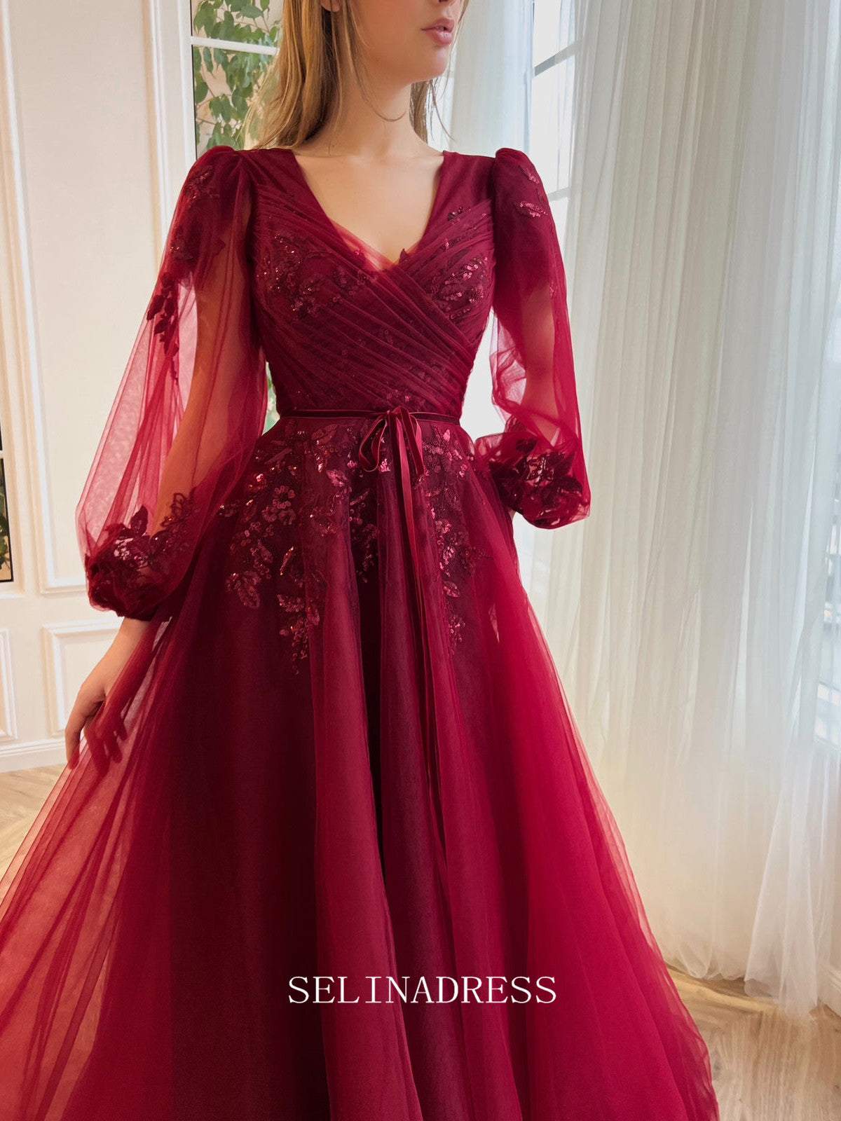 Chic A-line V neck Elegant Burgundy Prom Dress Puffy Sleeves Amaryllis Gown Evening Dress #LOP206|Selinadress