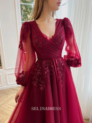 Chic A-line V neck Elegant Burgundy Prom Dress Puffy Sleeves Amaryllis Gown Evening Dress #LOP206|Selinadress