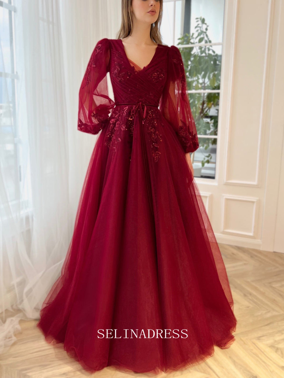 Chic A-line V neck Elegant Burgundy Prom Dress Puffy Sleeves Amaryllis Gown Evening Dress #LOP206|Selinadress