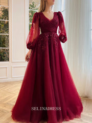 Chic A-line V neck Elegant Burgundy Prom Dress Puffy Sleeves Amaryllis Gown Evening Dress #LOP206|Selinadress