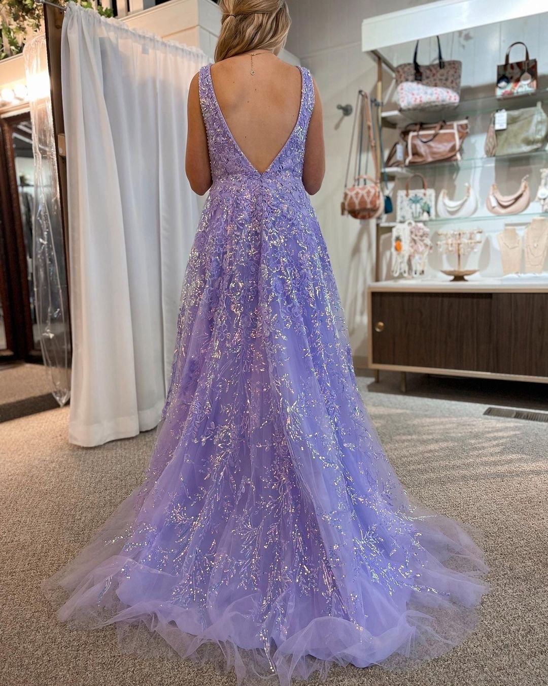 A Line V Neck Lilac Lace Long Prom Dresses, A Line V Neck Purple