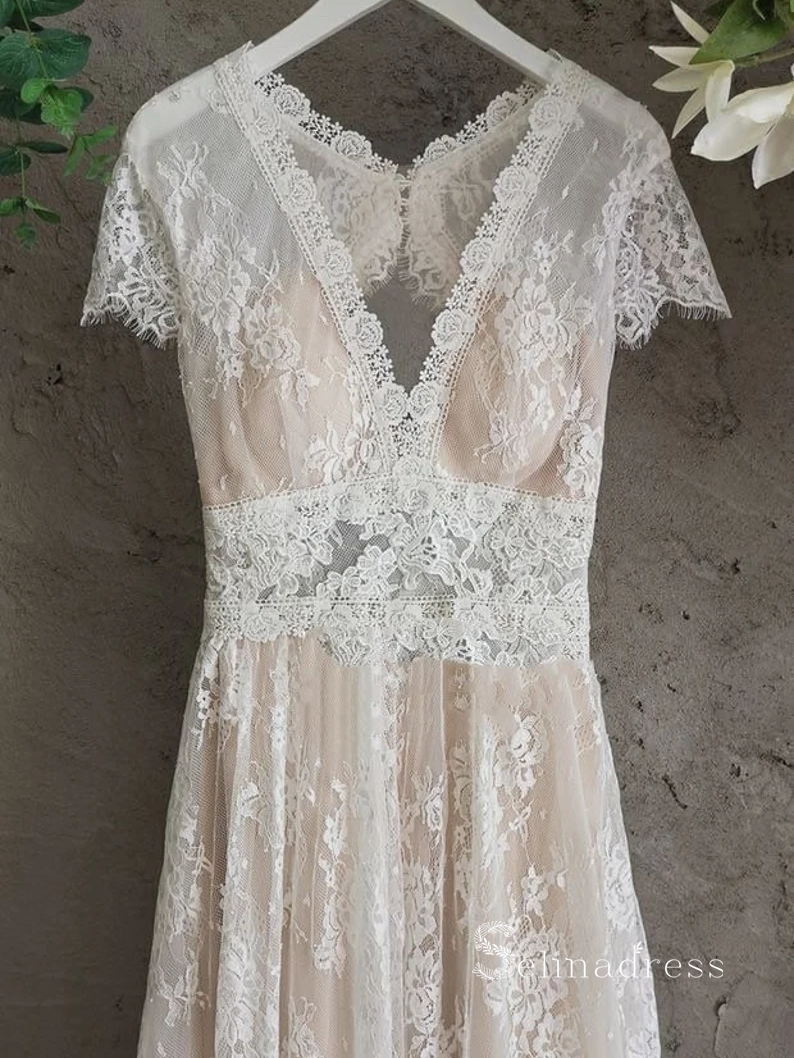 Chic A-line V neck Lace Wedding Dress Beautiful Boho Bridal Gowns MLH0478|Selinadress