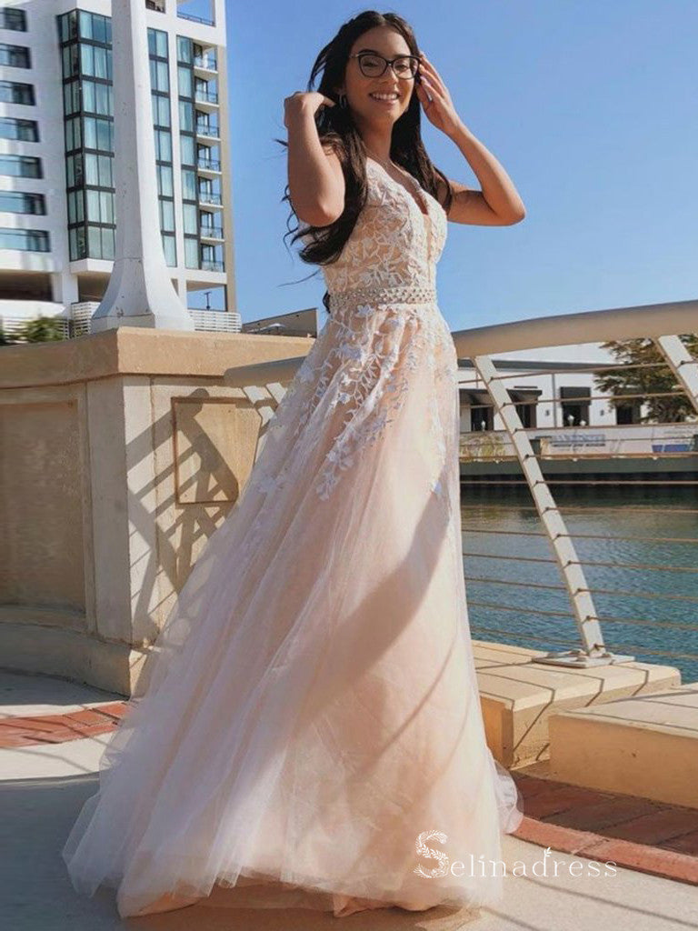 Chic A-line V neck Long Prom Dresses Applique Cheap Evening Gowns CBD561|Selinadress