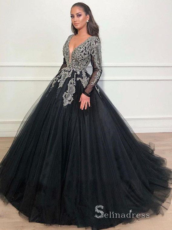 Chic A-line V neck Long Sleeve Prom Dresses Elegant Black Evening Gowns MHL155|Selinadress