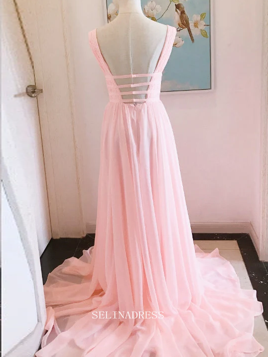 Chic A-line V neck Pink Long Prom Dresses Chiffon Cheap Bridesmaid Dress Evening Dress OSTY045|Selinadress