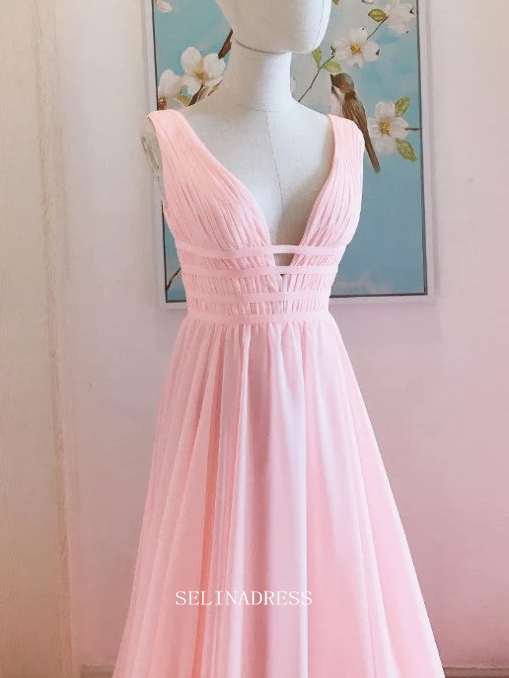 Chic A-line V neck Pink Long Prom Dresses Chiffon Cheap Bridesmaid Dress Evening Dress OSTY045|Selinadress