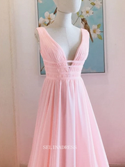 Chic A-line V neck Pink Long Prom Dresses Chiffon Cheap Bridesmaid Dress Evening Dress OSTY045|Selinadress