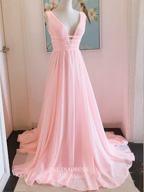 Chic A-line V neck Pink Long Prom Dresses Chiffon Cheap Bridesmaid Dress Evening Dress OSTY045|Selinadress