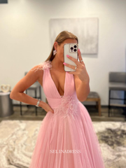 Chic A-line V neck Pink Long Prom Dresses Tulle Simple Evening Dresses Pageant Dress TKL065|Selinadress