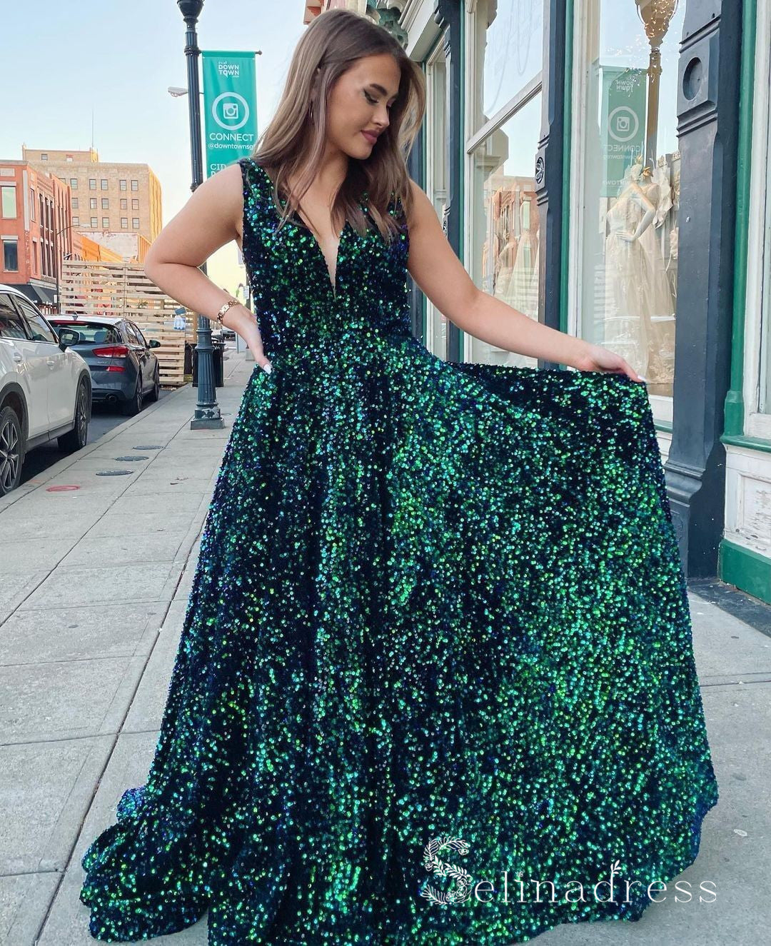 Chic A-line V neck Sequins Green Long Prom Dresses Sparkly Evening Dress CBD293|Selinadress