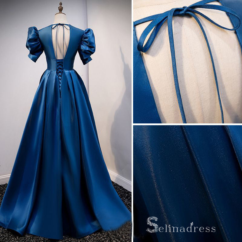 Chic A-line V neck Short Sleeve Blue Long Prom Dresses Satin Evening Gowns CBD219|Selinadress