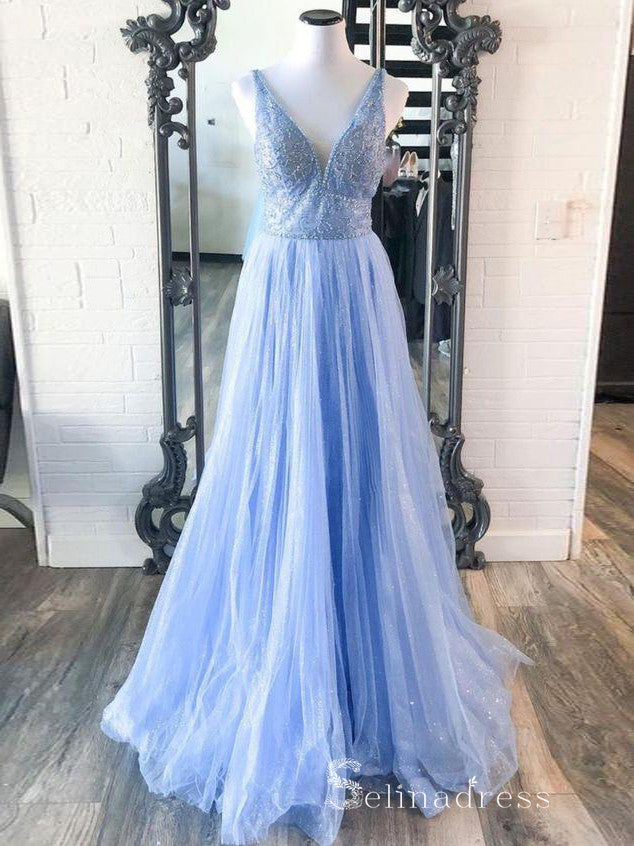 Chic A-line V neck Sky Blue Long Prom Dresses Beaded Evening Dress CBD531|Selinadress