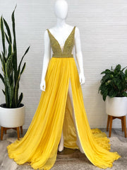 Chic A-line V neck Sleeveless Yellow Long Prom Dresses Beaded Evening Dress CBD040