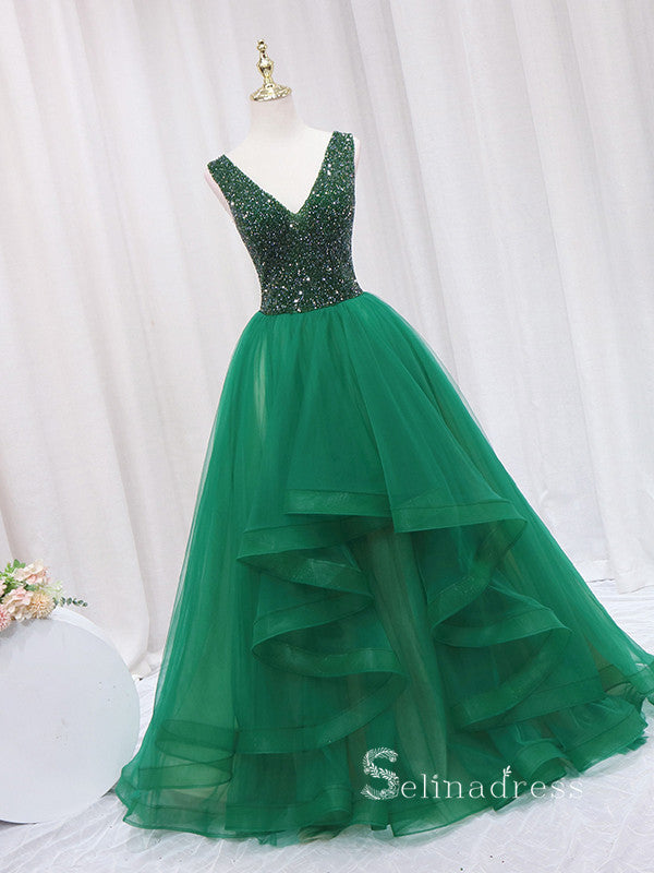 Chic A-line V neck Sparkly Green Long Prom Dresses Beaded Evening Gowns JKR007|Selinadress