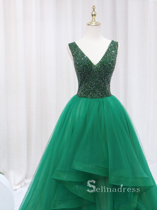 Chic A-line V neck Sparkly Green Long Prom Dresses Beaded Evening Gowns JKR007|Selinadress