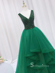 Chic A-line V neck Sparkly Green Long Prom Dresses Beaded Evening Gowns JKR007|Selinadress