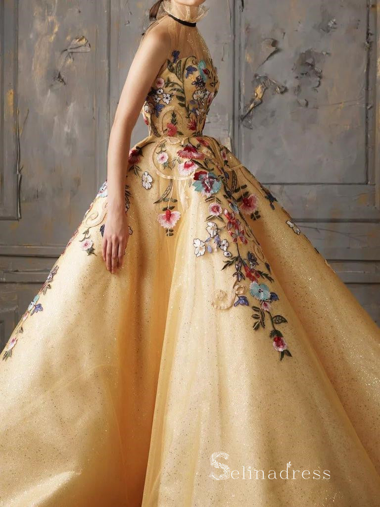 Chic Ball Gown High Neck Gold Long Prom Dresses Embroidery Evening Gowns MHL172|Selinadress