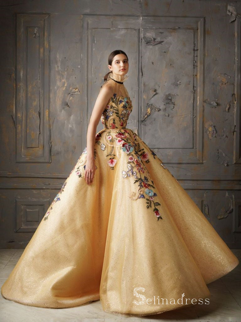 Chic Ball Gown High Neck Gold Long Prom Dresses Embroidery Evening Gow SELINADRESS