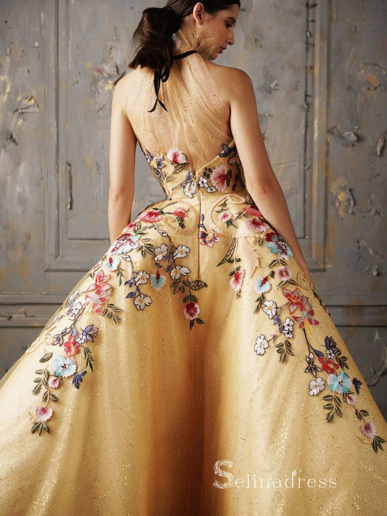 Chic Ball Gown High Neck Gold Long Prom Dresses Embroidery Evening Gowns MHL172|Selinadress