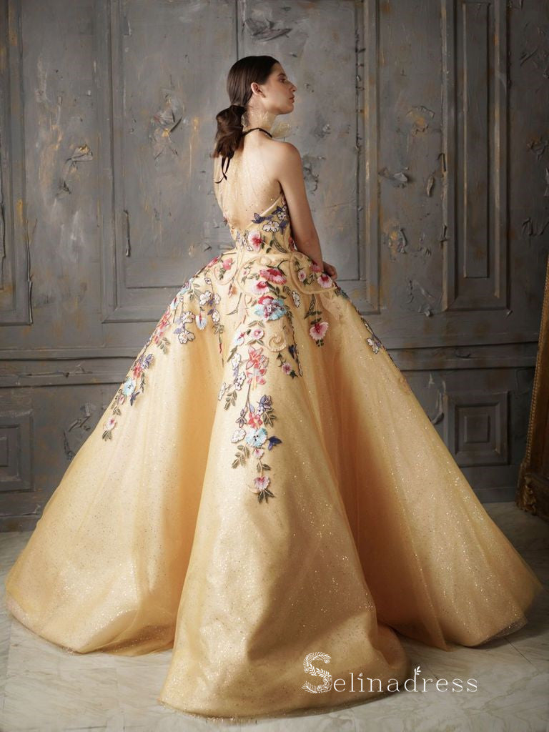 Chic Ball Gown High Neck Gold Long Prom Dresses Embroidery Evening Gowns MHL172|Selinadress