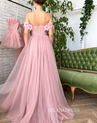 Chic Beautiful Long Prom Dress With Flower Off-the-shoulder Pink Princess Formal Dress Evening Dress JKSS43|Selinadress