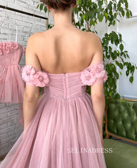 Chic Beautiful Long Prom Dress With Flower Off-the-shoulder Pink Princess Formal Dress Evening Dress JKSS43|Selinadress