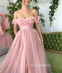 Chic Beautiful Long Prom Dress With Flower Off-the-shoulder Pink Princess Formal Dress Evening Dress JKSS43|Selinadress