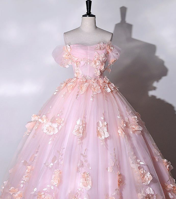 Chic Beautiful Pink Ball Gown Elegant Princess Dress 3D Floral Lace Evening Dress #LOP285|Selinadress