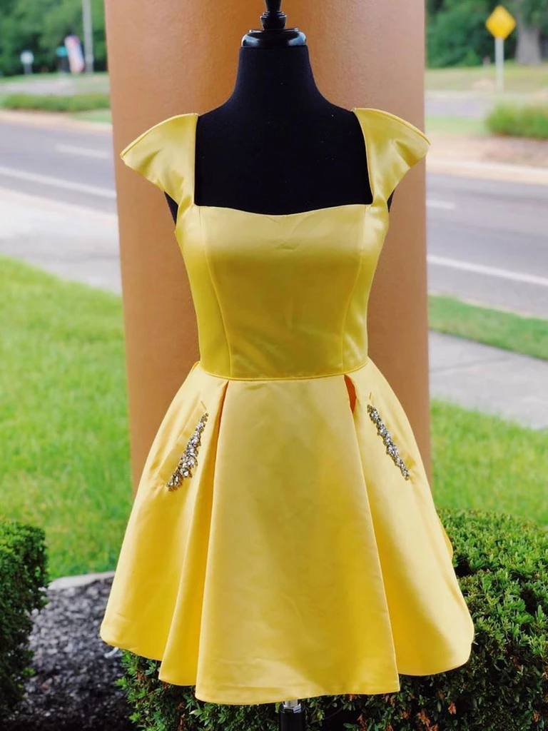 Chic Cap Sleeve Yellow Satin Cute Homecoming Dress With Pockets #MHL075