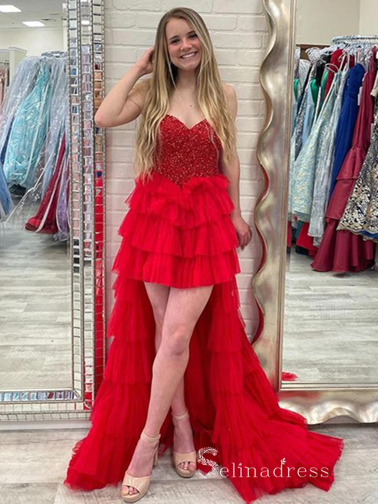 Chic High Low Sweetheart Red Gorgeous Long Prom Dresses Evening Dresses MLH1231|Selinadress