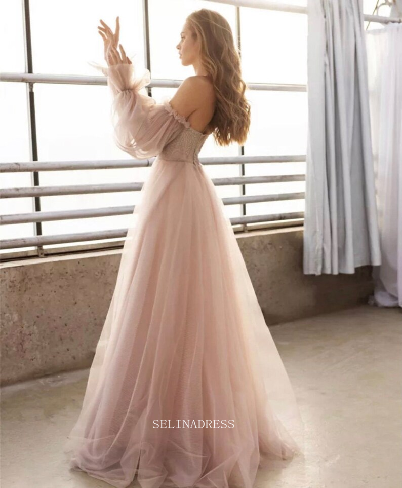 Chic Long Sleeve Off Shoulder Prom Dresses Pink Tulle Evening Dresses Formal Dress POL023|Selinadress