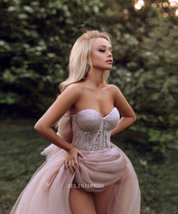 Chic Long Sleeve Off Shoulder Prom Dresses Pink Tulle Evening Dresses Formal Dress POL023|Selinadress