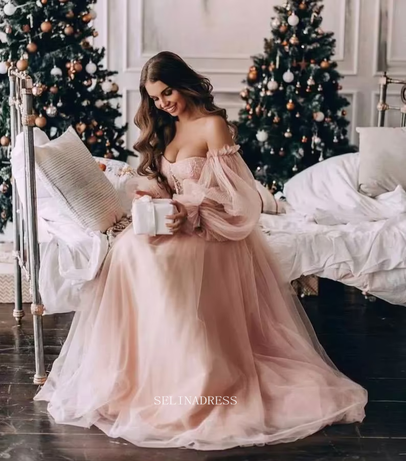 Chic Long Sleeve Off Shoulder Prom Dresses Pink Tulle Evening Dresses Formal Dress POL023|Selinadress