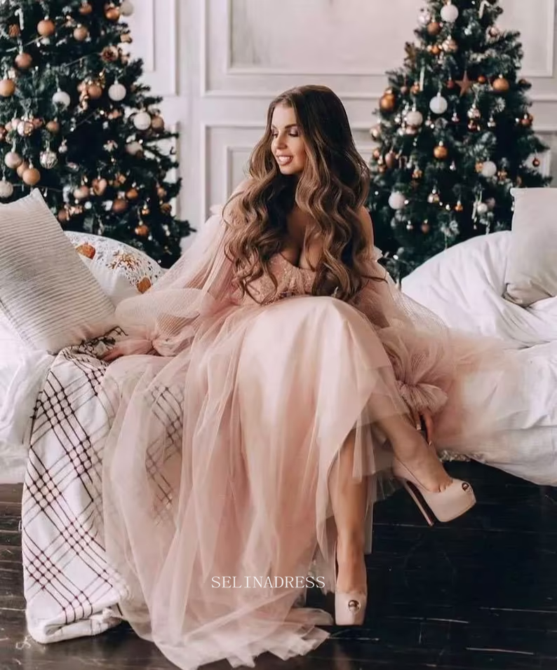 Chic Long Sleeve Off Shoulder Prom Dresses Pink Tulle Evening Dresses Formal Dress POL023|Selinadress