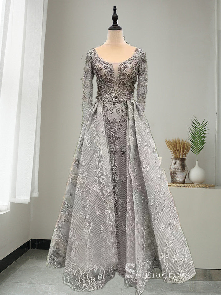 Chic Luxury A-line Long Prom Dresses Long Sleeve Lace Evening Dresses MLH0480|Selinadress