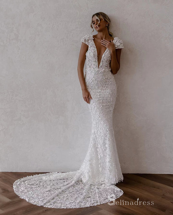Mermaid Spaghetti Straps Open Backless Wedding Dress Lace Bridal