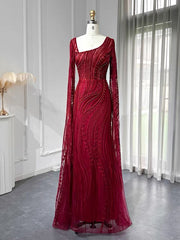 Chic Mermaid Long Sleeve Beaded Prom Dress Red Evening Gowns #OPS004|Selinadress